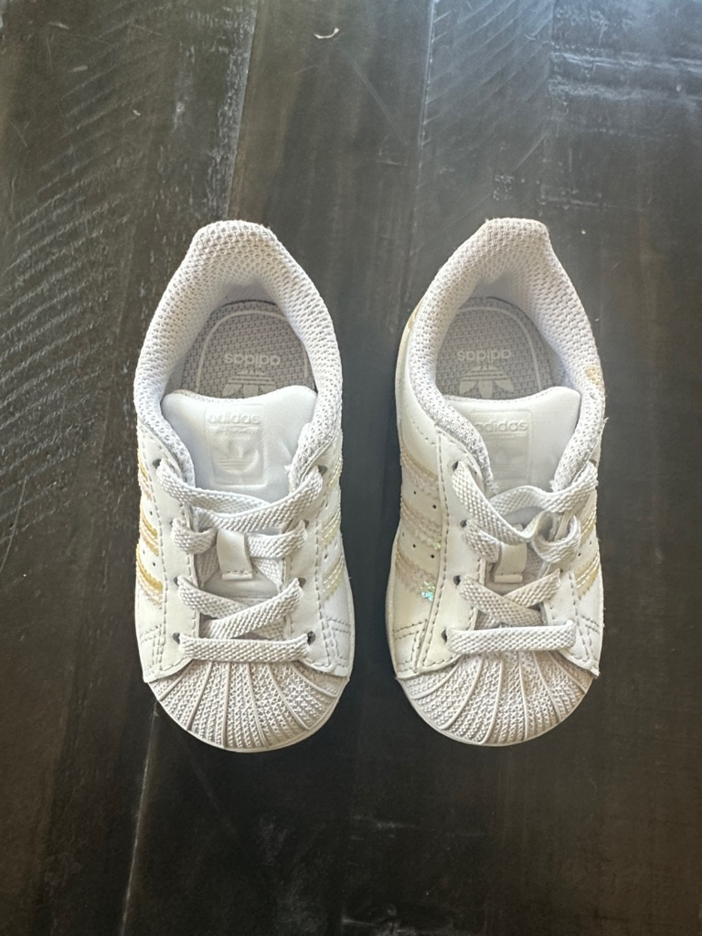adidas Kids White Sneakers with Gold Accent Stripes